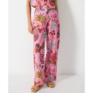 LANIDOR Linen Blend Pants Tropical Floral Printed Straight Leg Resort Trousers
